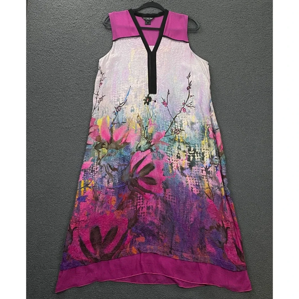 Citron Santa Monica Dress size Large 100% Silk Floral Sleeveless Asian Cherry